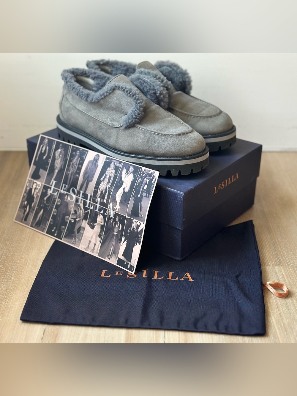 Le Silla Grey Shearling-Trim Suede Loafers EU 37/ US 6.5 with Original Box